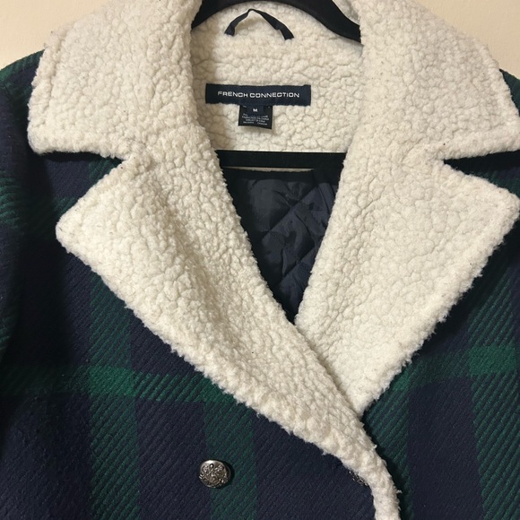 French Connection Navy and Green Plaid Pea Coat with Shearling Collar - Picture 3 of 5